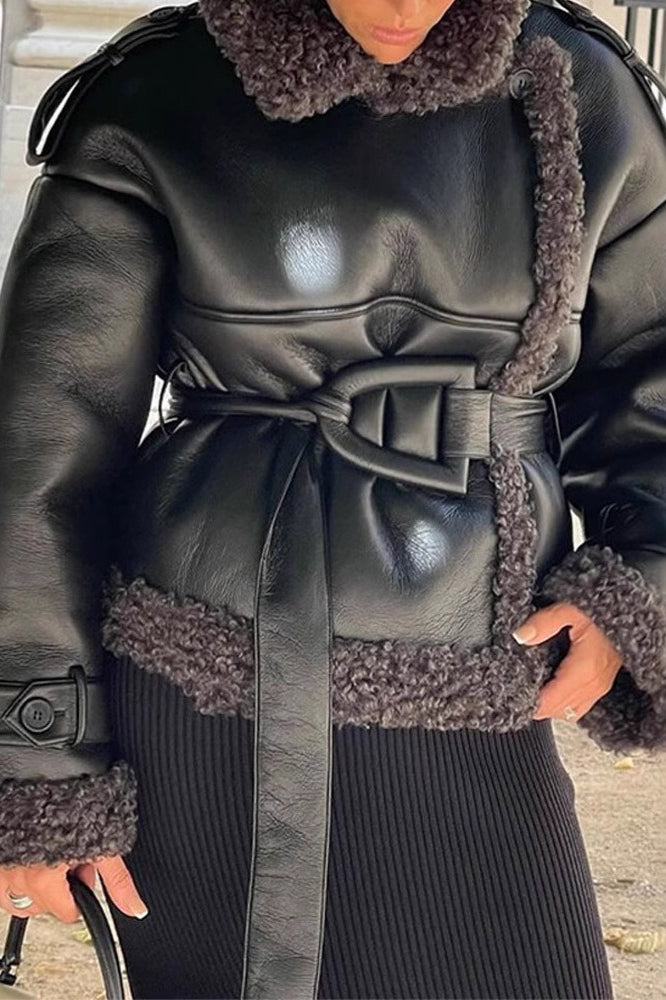 Edgy Plush Leather Panel Belt Coat
