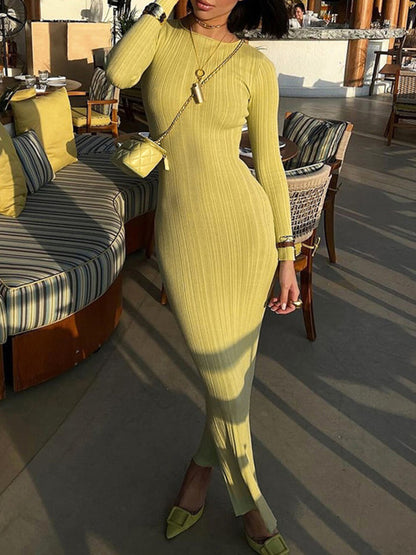 Bodycon Long Sleeves Pleated Color Split-joint Round-neck Evening Dresses Maxi Dresses