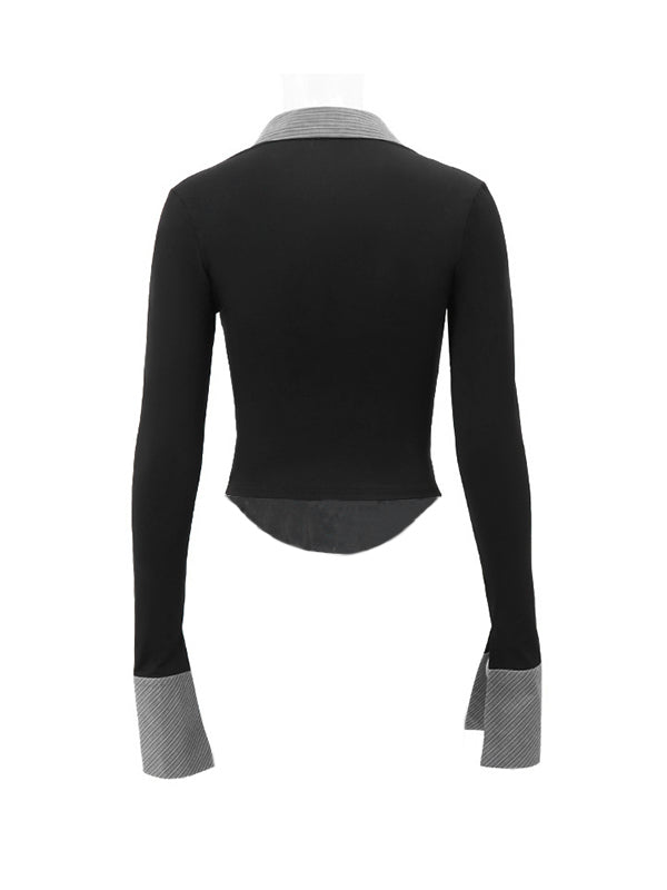 Black Stripe Splice Polo Neck Long Sleeve Blouse