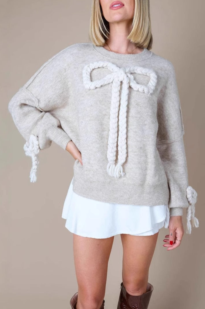 3d Applique Bow Paneled Loose Sweatshirt