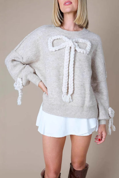 3d Applique Bow Paneled Loose Sweatshirt
