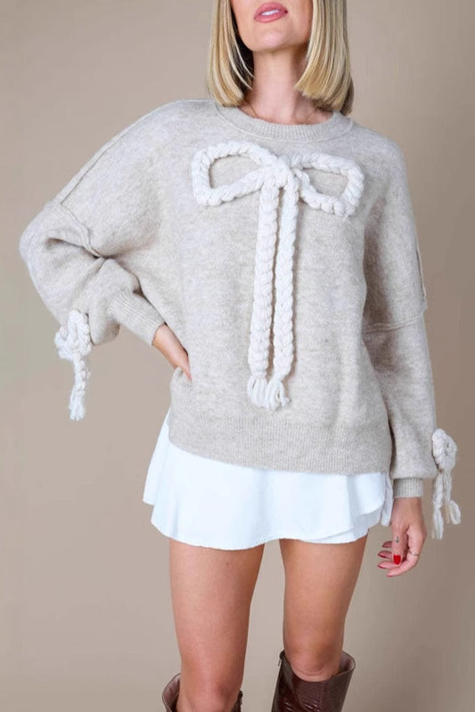 3d Applique Bow Paneled Loose Sweatshirt