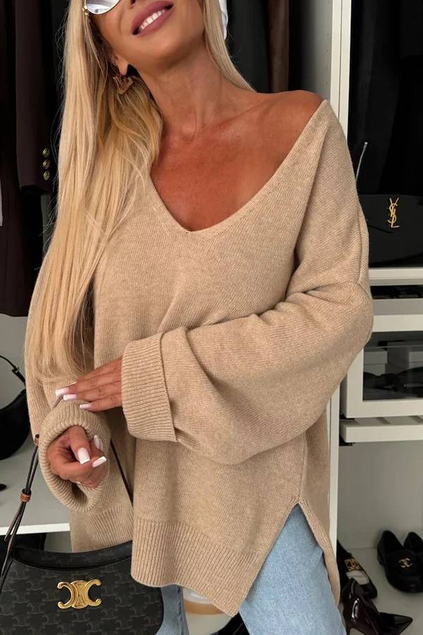 Cold Weather Knit Color Long Sleeve V-neck Irregular Relaxed Sweater