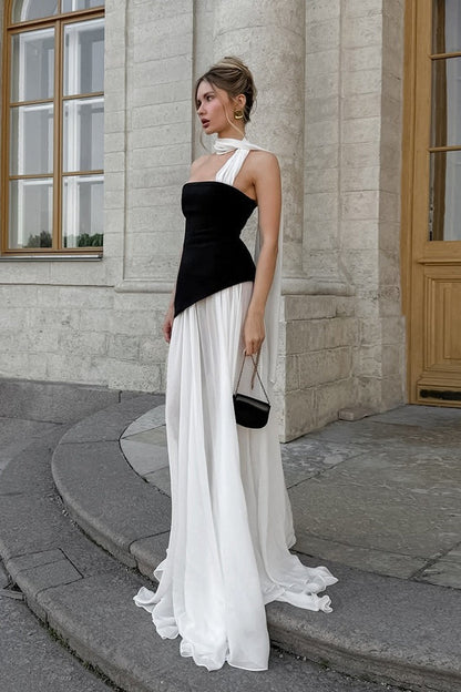 Flared Wavy Trim Color Block Maxi Dress