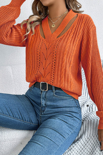 Hollow V-neck Long-sleeved Knitted Sweater