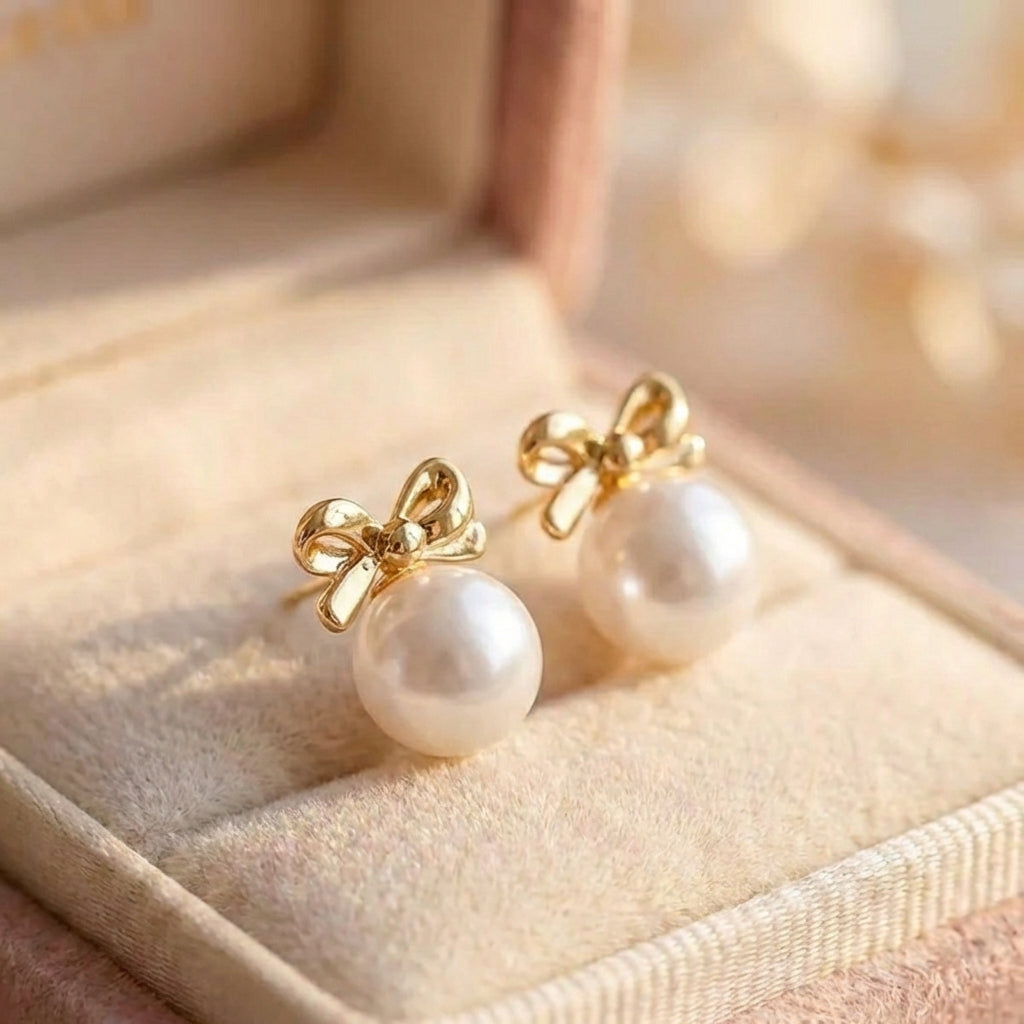 Classic Pearl Bowknot Stud Earrings