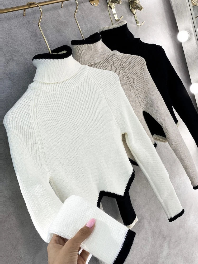 Cropped Turtleneck Sweaters for Knit Long Sleeve Slim Pullover New Patchwork Knitwear Crop Sweater Jumper