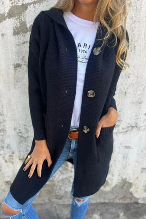 Color Hooded Pocket Mid-length Knitted Cardigan