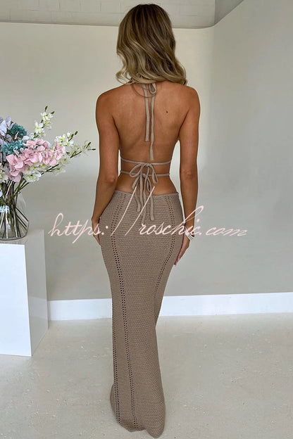 Effortlessly Cool and Knit Crochet Cutout Halter Tie-up Stretch Maxi Dress