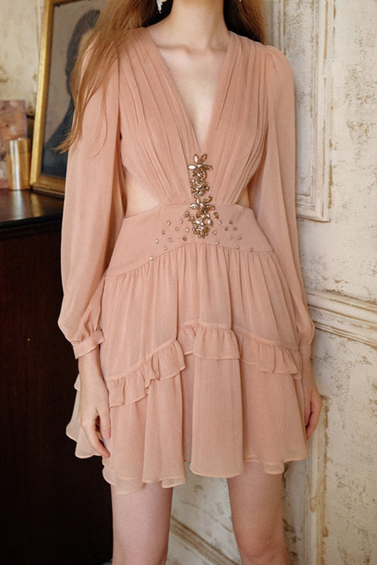 Deep V Cut Out Waist Rhinestone Chiffon Mini Dress