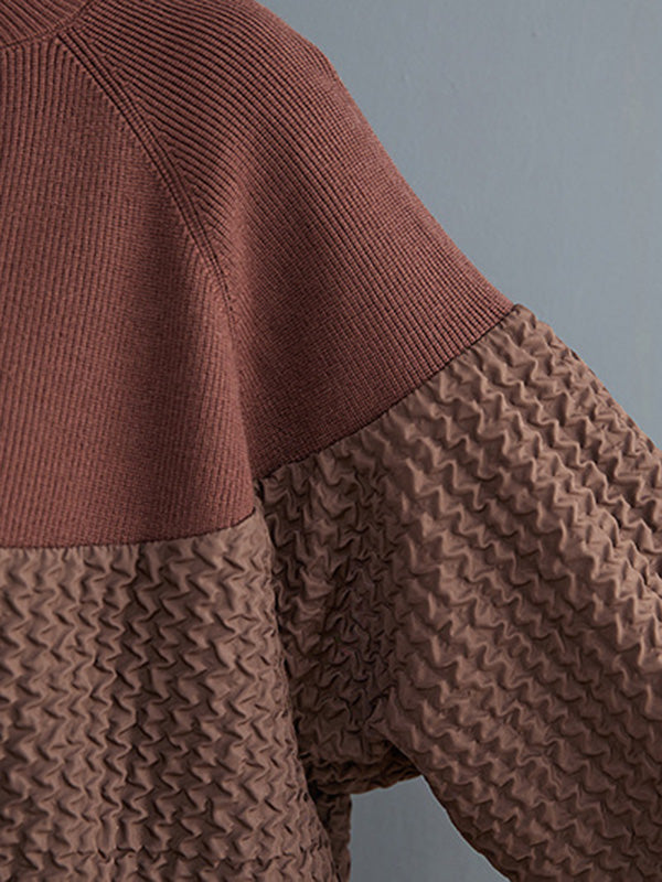 Long Sleeves Loose Split-joint Jacquard High-neck Sweater Dresses