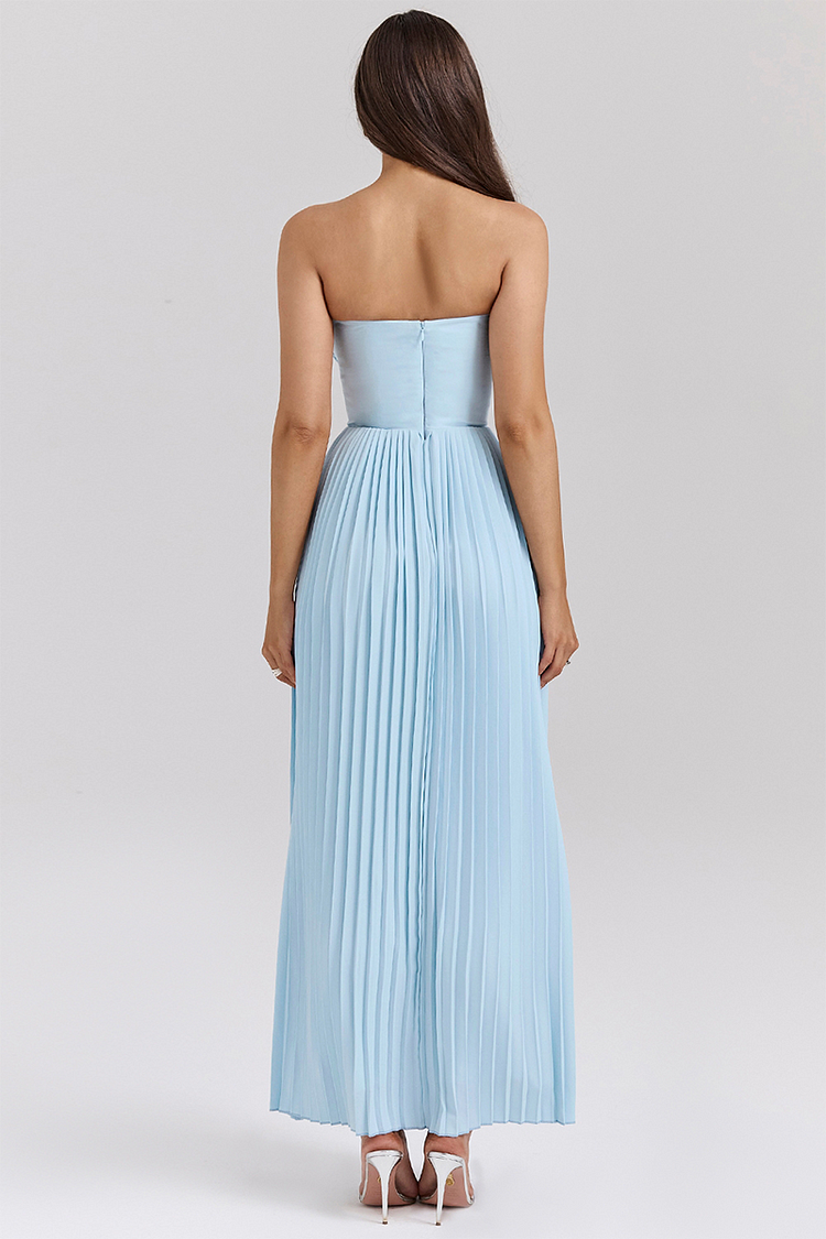Strapless Cinch Waist Pleated Maxi Dresses-blue [pre Order]