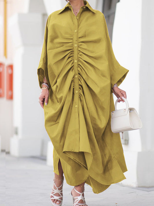 Long Sleeves Loose Buttoned Pleated Color Lapel Maxi Dresses Shirt Dress