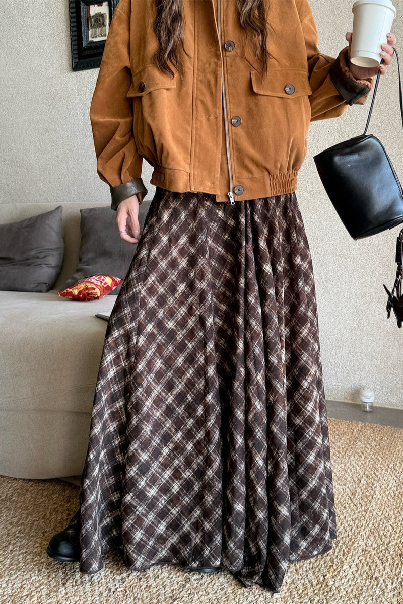 Plaid Earthy Tones High Waist Flowy Midi Skirt