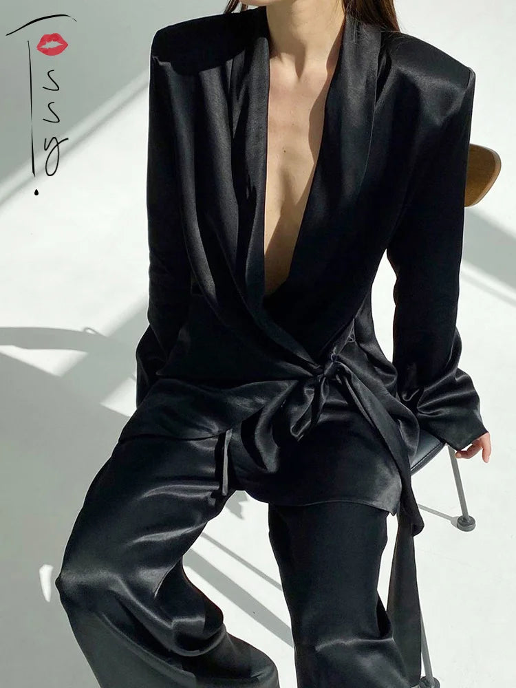 Deep V-neck Long Sleeve Bandage Blouse and Wide Leg Pants Set Loose Sets Spring Outwears