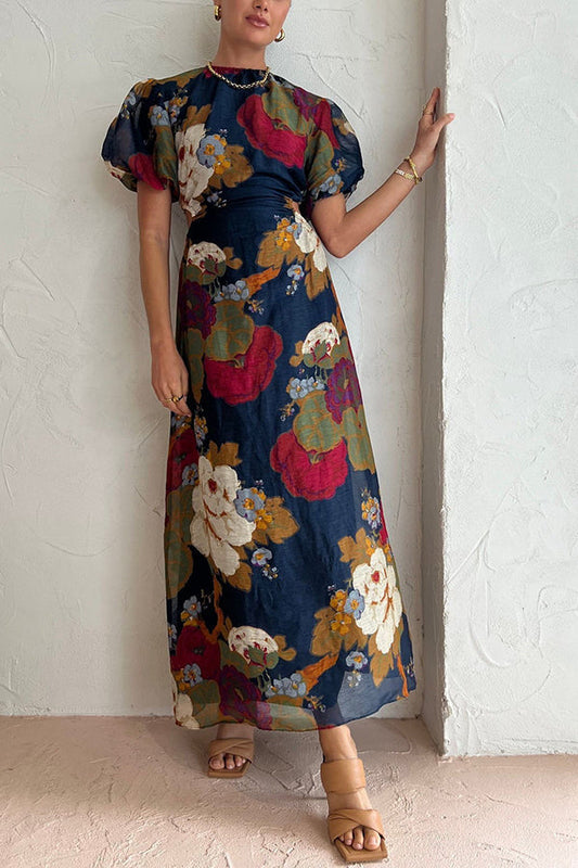 Our Greatest Love Watercolor Puff Sleeve Cutout Elastic Waist Maxi Dress