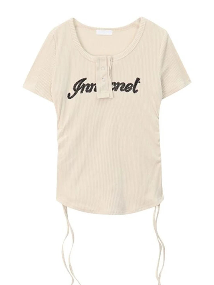 T-shirts Y2k Tops Drawstring Summer Graphic Knitting Harajuku Korean Letter Short Sleeve Aesthetic Clothing