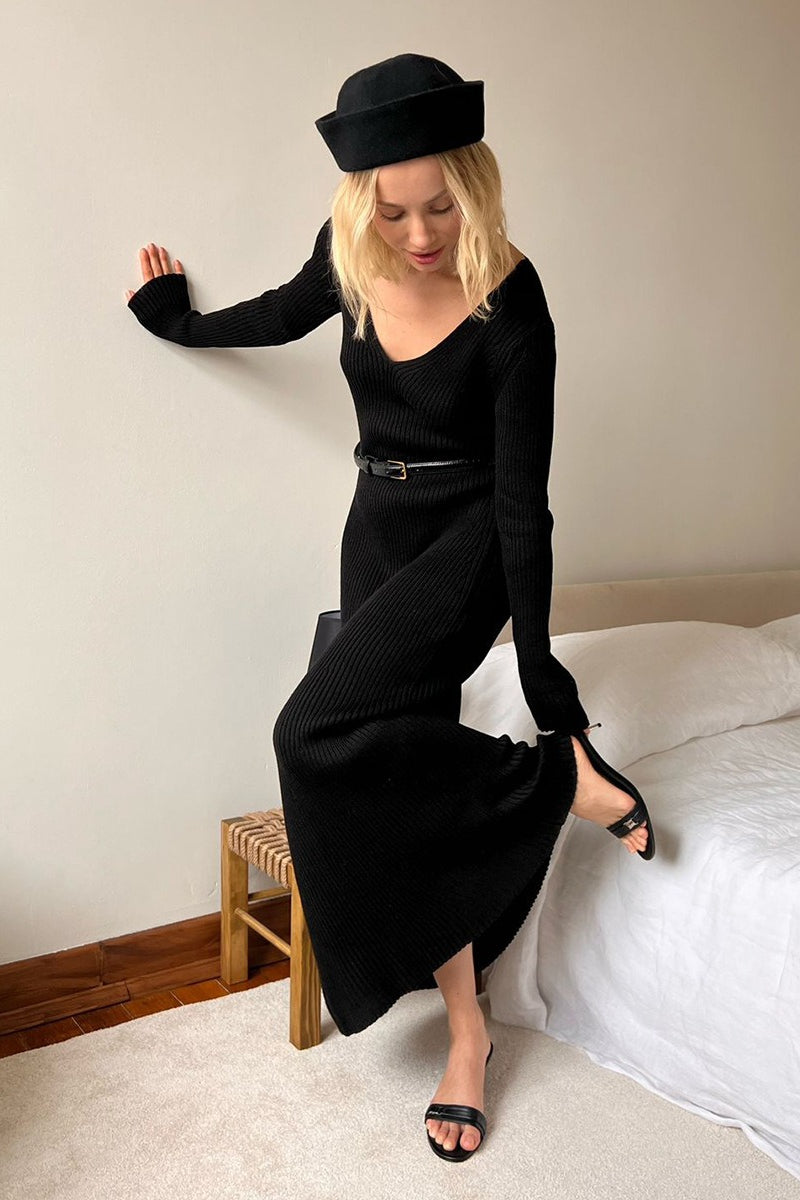 V-neck Long Sleeve Knit Sweater Dress