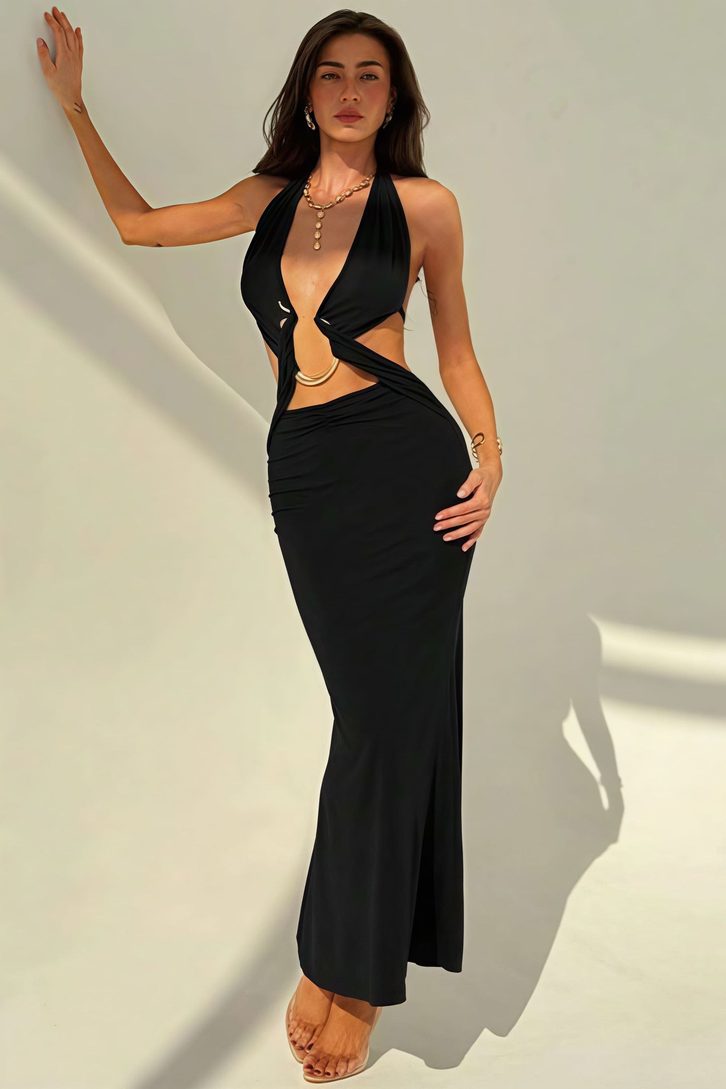 Halter Deep V Neck Backless Metal Maxi Dress