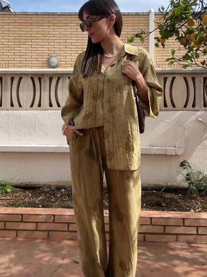 New Linen Tie-dye Print Long Pants Sets for Lapel Half Sleeve Single Breasted Shirts Drawstring Wide Leg Pant 2 Pieces Set