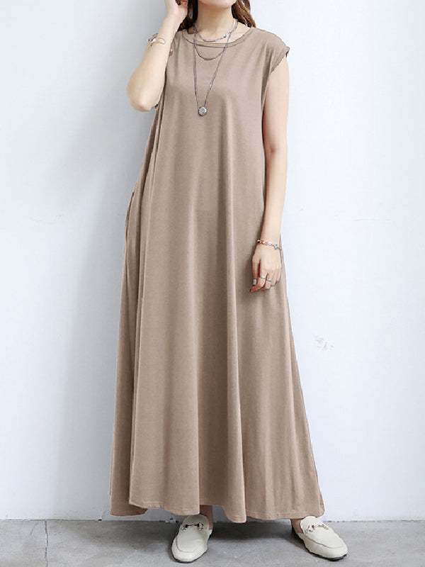 Simple Loose Sleeveless Color Round-neck Maxi Dresses