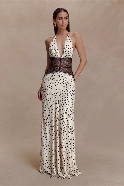 Polka Dot Lace Patchwork Deep V Backless Ruched Maxi Dress
