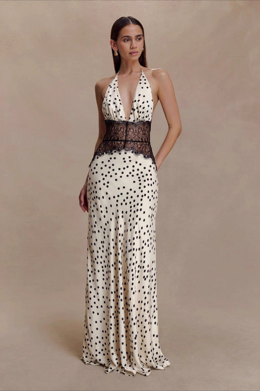 Polka Dot Lace Patchwork Deep V Backless Ruched Maxi Dress