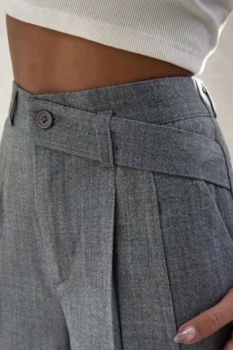 Button High Waist Long Fluid Pants