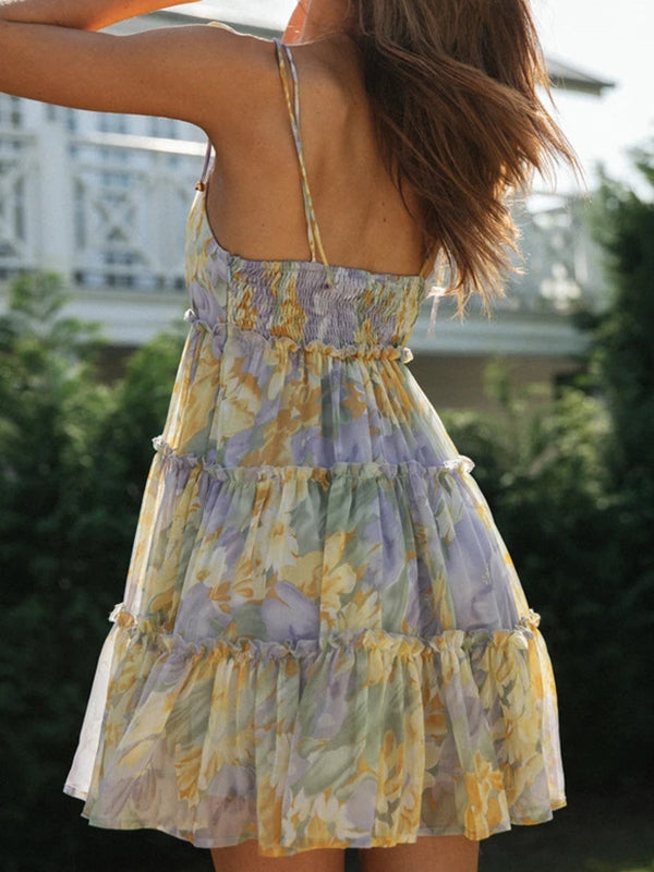 A-line Loose Flower Print Layered Pleated Split-joint Tied Spaghetti-neck Mini Dresses