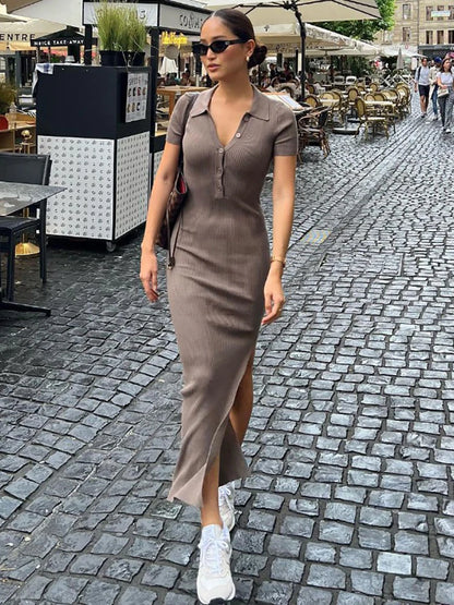 Knitted Bodycon Dress V-neck Short Sleeve Split Long Dresses Autumn Black High Street Party Vestidos