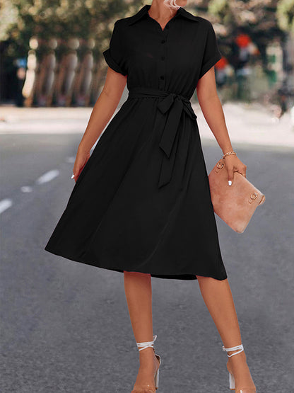 A-line High Waisted Buttoned Color Tied Waist Lapel Collar Midi Dresses Shirt Dress