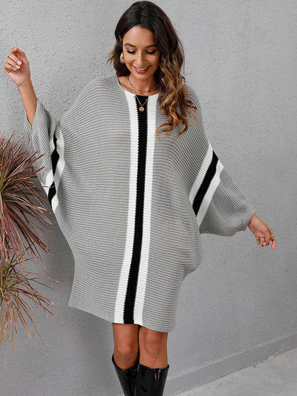 Original Loose 4 Colors Striped Round-neck Batwing Long Sleeves Sweater Dress