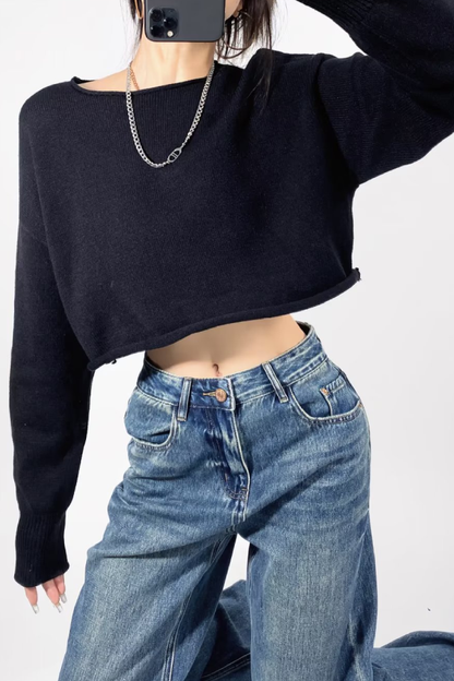 Round Neck Color Loose Long Sleeve Super Short Knitted Sweater
