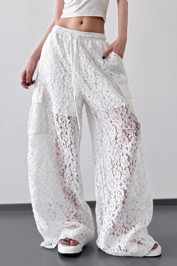 White Lace Cutout Wide Leg Pants