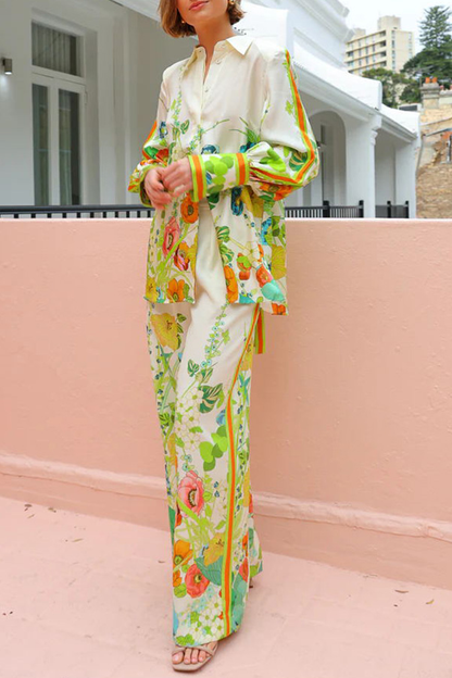 Satin Print Back Tie-up Button Down Oversized Blouse