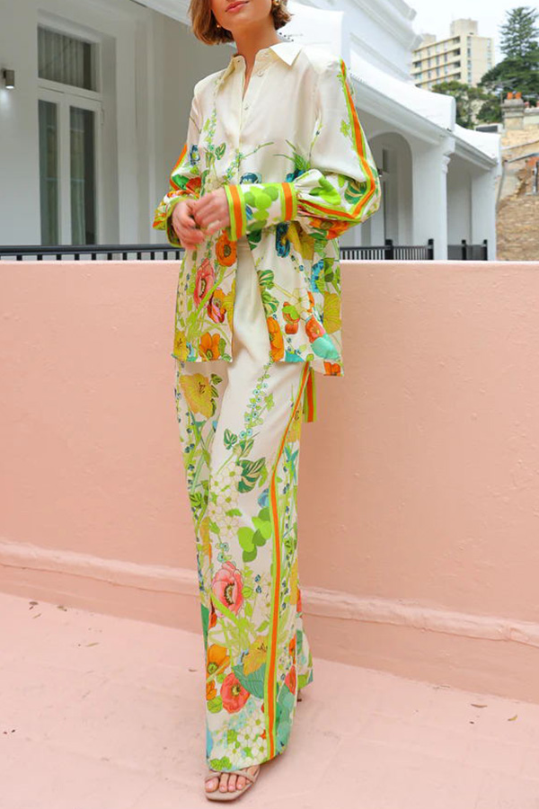 Satin Print Back Tie-up Button Down Oversized Blouse