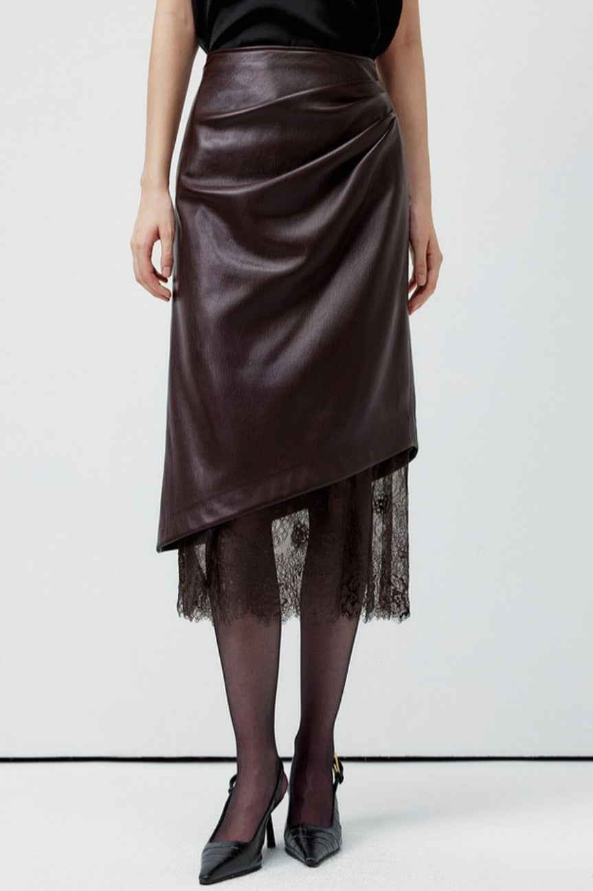 Lace Trim Leather Skirt