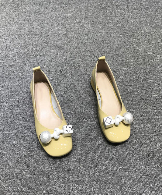 Comfy Bow Splicing Flats Yellow Cowhide Leather