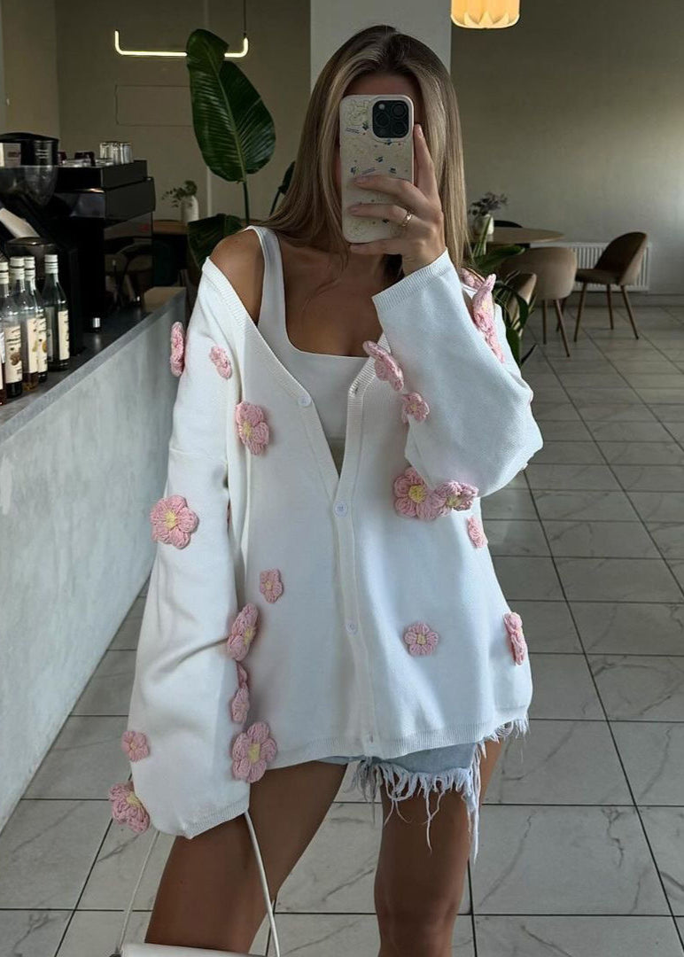 Blush Bloom - 3d Knit Cardigan With V-neck