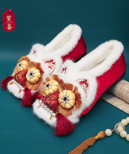 Red Fuzzy Wool Lined Tassel Nail Bead Splicing Flat Feet Shoes