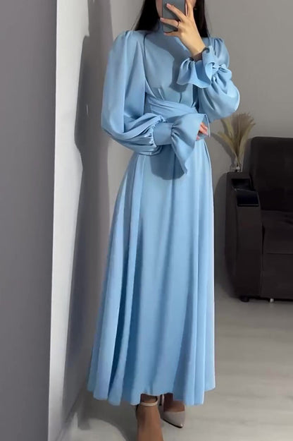 Color Ruffled Sleeves Waisted Tie Slim Fit Maxi Dress