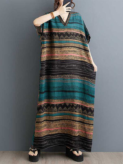 A-line Batwing Sleeves Split-joint Striped V-neck Maxi Dresses