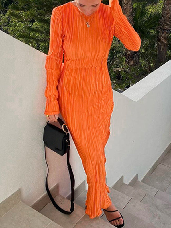 Long Sleeves Skinny Pleated Color Split-joint Round-neck Maxi Dresses