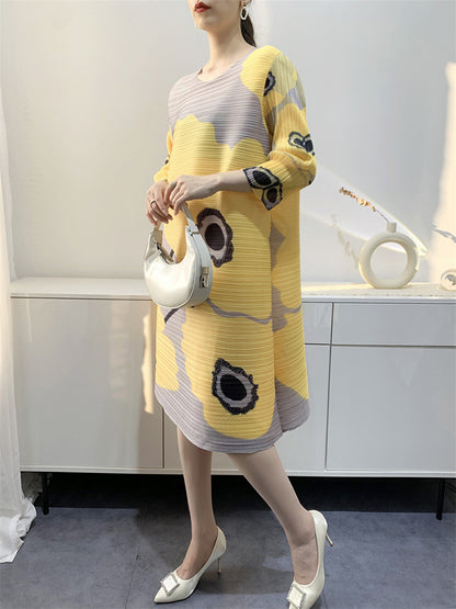 Original Three-quarter Sleeves Loose Printed Contrast Color Pleated Round-neck Midi Dresses