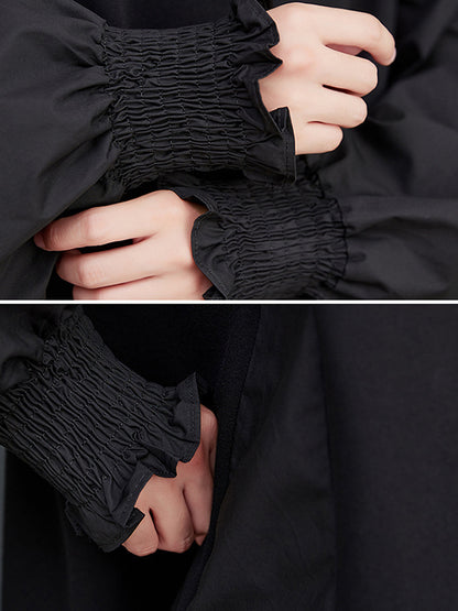 Loose Puff Sleeves Pleated Color Split-joint Round-neck Midi Dresses