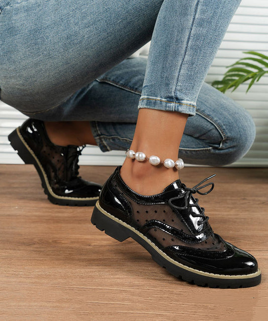 Black Flat Feet Shoes Faux Leather Splicing