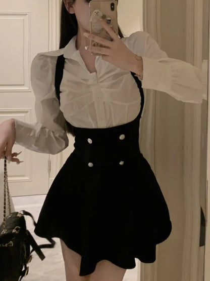 Y2k 3 Piece Set Cropped Coat + Long Sleeve Shirt + High Waist Halter Ruffles Mini Dress Korean Outfits