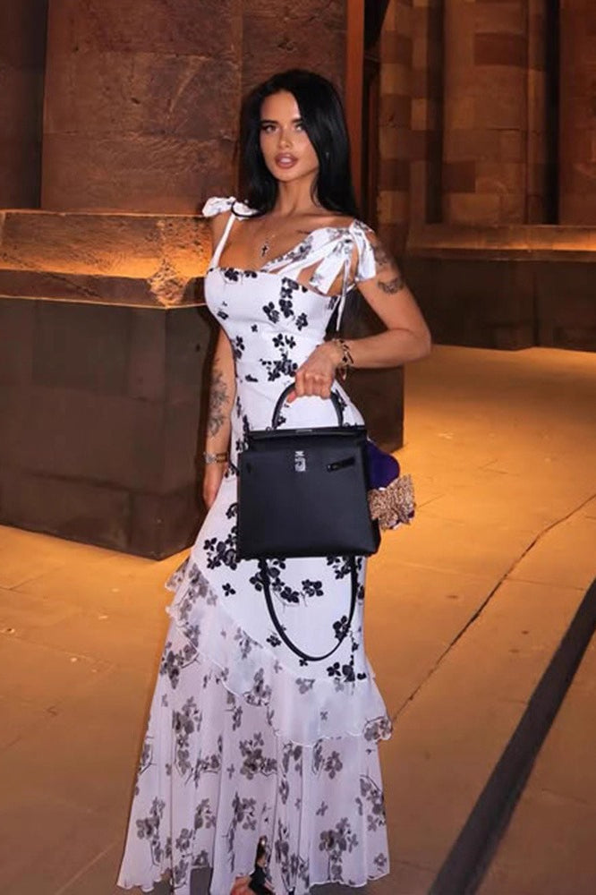 Print Mesh Strapless Maxi Dress