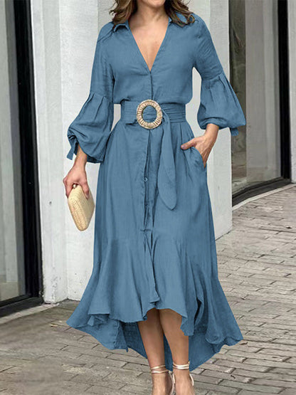 High-low Puff Sleeves Pleated Color Lapel Collar Maxi Dresses