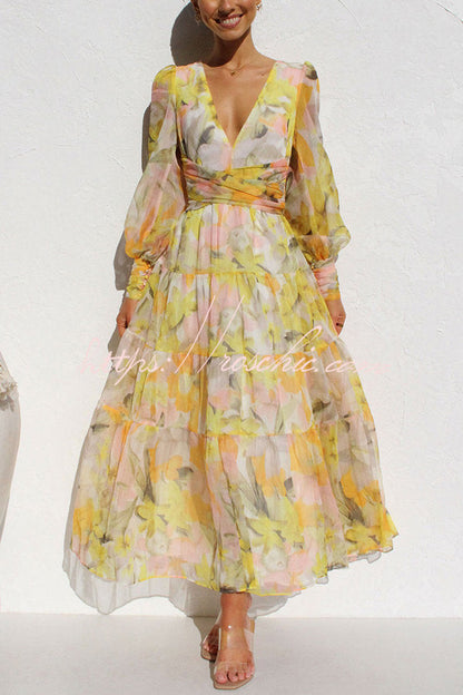 Olena Abstract Balloon Sleeves Maxi Dress (the Back Is Stretchy)